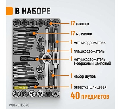 Набор метчиков и плашек 4NC40-1/2NF20 Wiederkraft 40 предметов, дюймовая резьба WDK-DTI3040