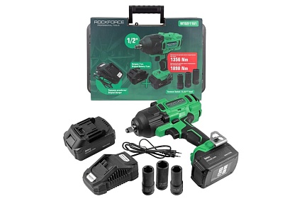 Гайковерт ударный аккумуляторный Rockforce 1/2", набор головок ударных глубиной 17,19,21мм, 2 батареи, 20V, 5.0AH, LI-ION, 1550об/мин, 3 режима усилия:130, 400, 1356Нм,в кейсе RF-WT02F1161(51695)
