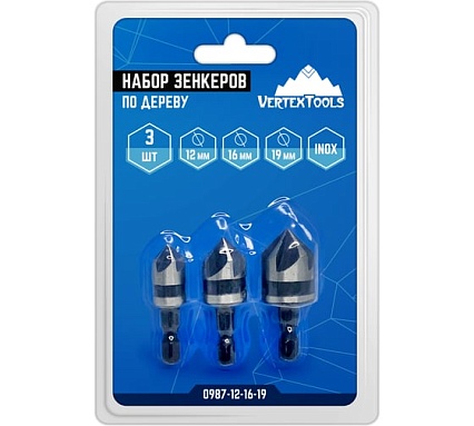 Набор зенкеров по дереву 3 шт, 12 мм, 16 мм, 19 мм Vertextools 0987-12-16-19