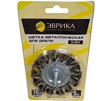 Щетка для дрели Эврика 75мм, плоская со шпилькой 6мм, стальная проволока 0,5мм ER-22075