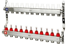 Коллекторная группа с расходометром и кронштейном RTP (евроконус 3/4&quot;) нержавеющая сталь sus 304 1&quot;х11 выходов, 39407