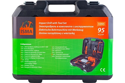 Набор инструментов с электрической дрелью ISMA 95 предметов 220 В,750 Вт, 0-2900 об/мин, в кейсе ISMA-1095(51106)