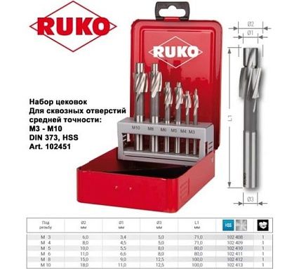 Набор цековок (6 шт; 71-100 мм; М3-M10; 180 гр.; HSS-G) RUKO 102451