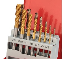 Набор спиральных машинных метчиков H-Tools M3-M12 HSSE-TiN DIN371/376 + сверла 14пр 245052THT