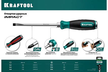 Ударная отвертка Kraftool Impact стержень из CrMo стали 250033-5