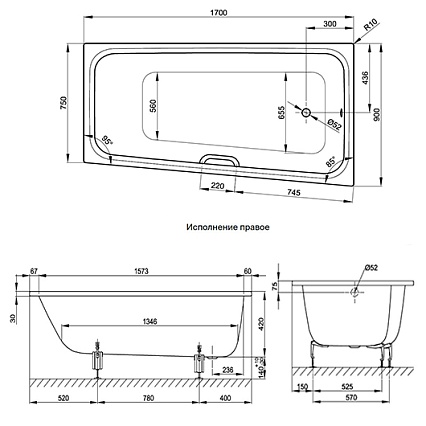 Стальная ванна Bette Space M 170x90 1141-000 встраиваемая, с шумоизоляцией R