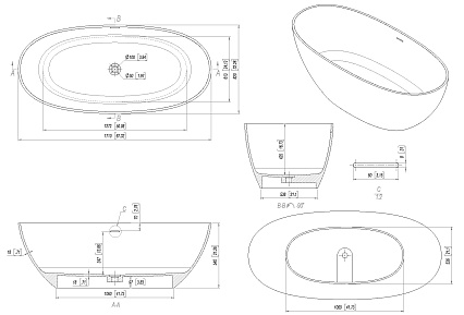 Ванна из искусственного камня Allen Brau Solid Stone Krion Oval 170x80 белый матовый 2.35003.21