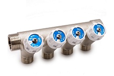 Коллектор с вентилями RTP латунь, наружная резьба, 3/4"х1/2"х4, никелированный, 39507