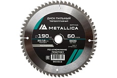 Диск пильный твердосплавный по алюминию/пластику 190x20/16 мм, 60 зубьев, Т=2.4 мм METALLICA Optima 903315