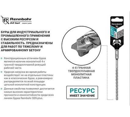 Бур RENNBOHR SDS+ Quadro XT 4 грани (монолит) 8х160 мм 520816