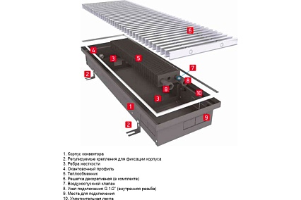 Встраиваемый внутрипольный конвектор с решеткой Techno Usual KVZ 350-65-1200 RH04001473К