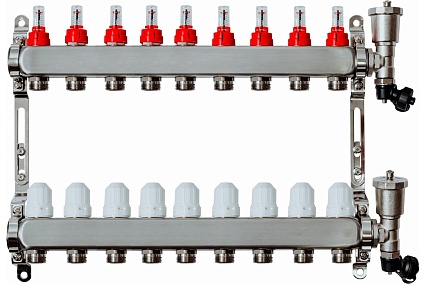 Коллекторная группа с расходомерами Grosseto 1"x3/4", 9 выходов, нержавеющая сталь, 10 бар, универсальный кронштейн 2042996