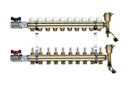 Коллекторная группа Tiemme 10 отводов 1" с расходомерами, латунь 3870011 / 3871G060510