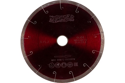 Диск алмазный сплошная кромка с микропазом G/L J-slot по граниту 180D-1.6T-7.5W-22.2/25.4 Messer 01-24-180