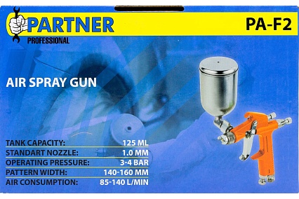 Краскораспылитель Partner мини с боковым металлическим бачком, 125 мл, 1.0 мм, 2.0 bar, 50-100 л/мин, присоединительная резьба 1/4 PA-F2(28397)