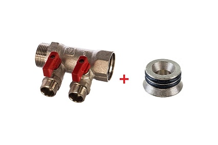 Комплект Valtec _19 VI7 Коллектор с кранами 2 вых. х 1x1/2 НР VTc.580.N.0602 + Адаптер д/коллектора /конус-плоскость/ 1/2 VTc.701.N.04 VT.VI7.K19.5800602.701