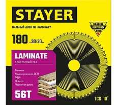 Пильный диск по ламинату Stayer Laminate 180x30/20 мм, 56Т, аккуратный рез 3684-180-30-56_z01