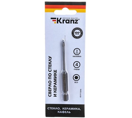 Сверло по стеклу и керамике 3 мм, 4 грани, шестигранный хвостовик Kranz KR-91-0646