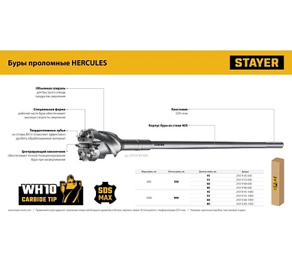 Проломной бур Stayer Hercules-4Х SDS-max 45x500/600 мм 29319-45-600