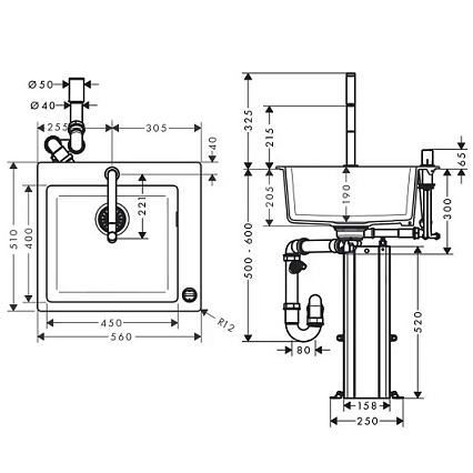 Кухонная мойка Hansgrohe C51-F450-06 56 см со встроен. смесителем, черный/хром