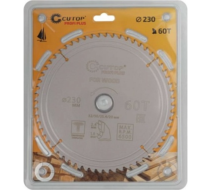 Диск пильный с тефлоновым покрытием по дереву Profi plus 230x1.6/2.4x32/30/25.4/20 мм, 60Т CUTOP 75-23060Т