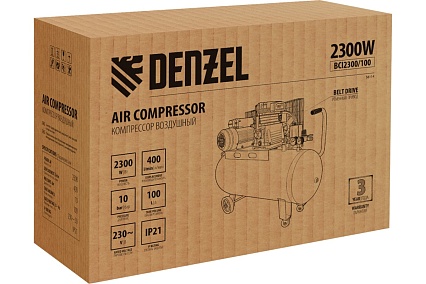 Воздушный компрессор с ременным приводом Denzel BCI2300/100 2.3 кВт, 100 литров, 400 л/мин 58114