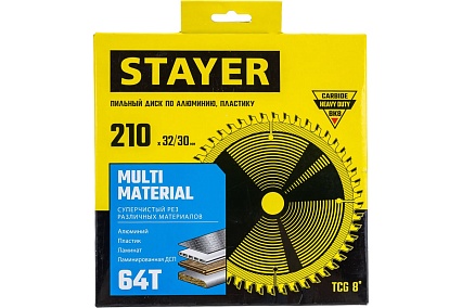 Пильный диск по алюминию Stayer Multi Material 210x32/30 мм, 64Т, супер чистый рез 3685-210-32-64