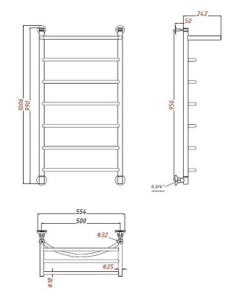 Полотенцесушитель водяной Aquanet Romeo 50x100 см, с верхней полкой бронза