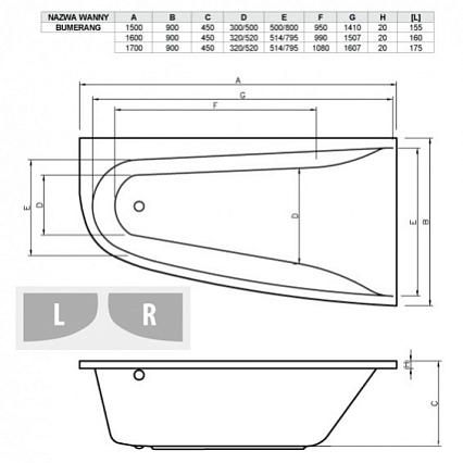 Акриловая ванна Vayer Boomerang 170x90 L/R