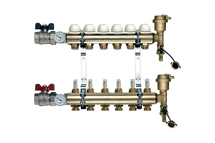 Коллекторная группа Tiemme 6 отводов 1" с расходомерами, латунь 3870002 / 3871G060506