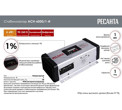 Стабилизатор инверторного типа Ресанта АСН-6000/1-И 63/6/35
