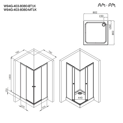 Душевой уголок Am.Pm X-Joy W94G-403-8080-BТ1К 80x80 прозрачный, черный матовый