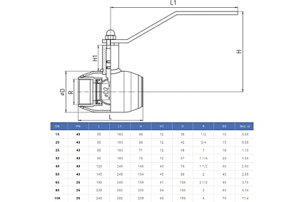 Шаровой кран TEMPER 280 1 1/4" Ду32 Ру40 стандартнопроходной резьбовой стальной D160-05742