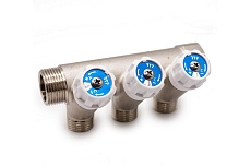 Коллектор с вентилями RTP латунь, наружная резьба, 1"х3/4"х3, никелированный, 39509