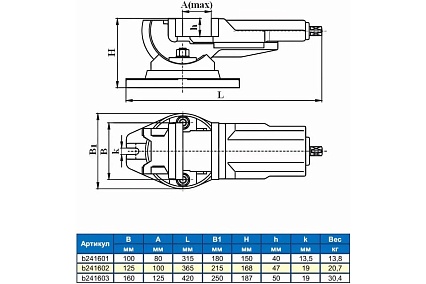 Станочные тиски Griff глобусные 160мм, Amax-125мм, вес-30.4кг, поворотные, серия QHK b241603