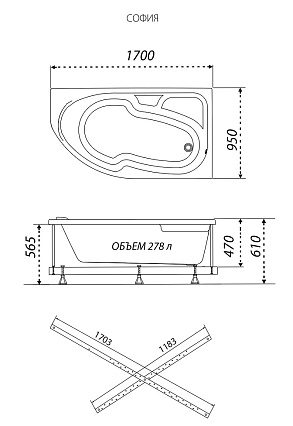 Акриловая ванна Тритон София 170x95 см R