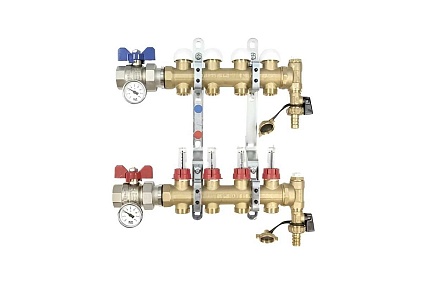 Коллекторная группа Tiemme 4 отвода 1"х3/4"(18) с расходомерами (из штампованной латуни) 3850020 / 3873