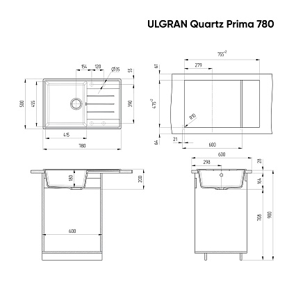 Кухонная мойка Ulgran Quartz Prima 780-01 78 см жасмин