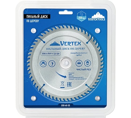 Диск пильный по дереву (200х32-30 мм; 60 зубов) Vertextools 200-60-32