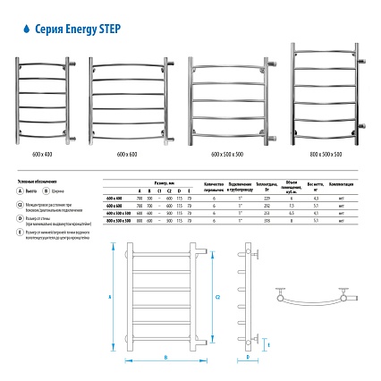 Полотенцесушитель водяной Energy Step 60x60 (лесенка с боковым выводом труб подключения) 