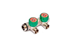 Коллектор Uni-Fitt НВ 3/4", 2х1/2", Н 50 мм с выходами под 90 град, никелированный, с вентилями 410N3220