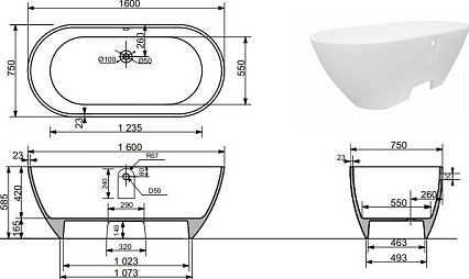 Ванна из искусственного камня Aquanet Family Stone 160х75 см, AQ-00332889