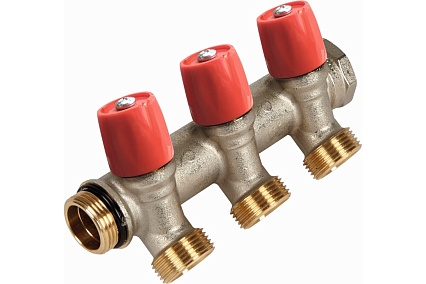Коллектор Henco VBS с красными вентилями, 1"НР под евроконус, 1" - 2xEK VBS060502-RO