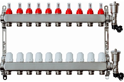 Коллекторная группа с расходомерами Grosseto 1"x3/4", 10 выходов, нержавеющая сталь, 10 бар, универсальный кронштейн 2042987