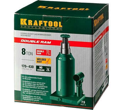 Гидравлический бутылочный телескопический домкрат Kraftool Double ram 8т, 170-430мм 43463-8
