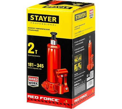 Гидравлический бутылочный домкрат Stayer RED FORCE, 2т, 181-345 мм, 43160-2 43160-2_z01