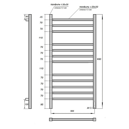 Полотенцесушитель электрический Point Вега PN71850 П12 50x100 диммер справа, хром