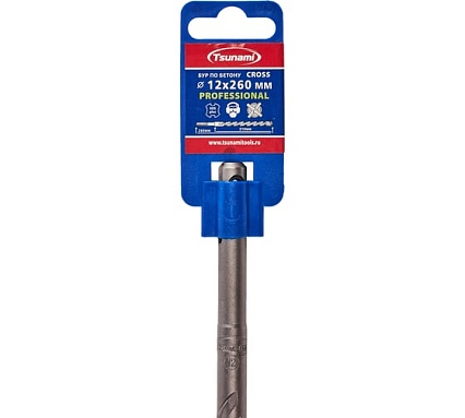 Бур по бетону Tsunami PROFESSIONAL Cross 12х260/210 мм, SDS-plus T10610300012260