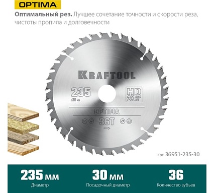 Диск пильный по дереву Kraftool Optima 235x30 мм, 36T KRAFTOOL 36951-235-30