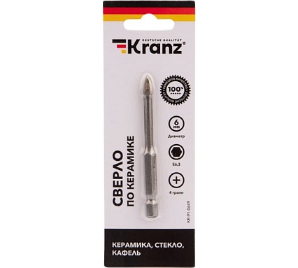 Сверло по стеклу и керамике 6 мм, 4 грани, шестигранный хвостовик Kranz KR-91-0649